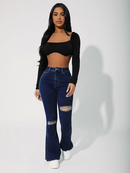 petite ripped detail bootcut jeans o1vu#, Blue