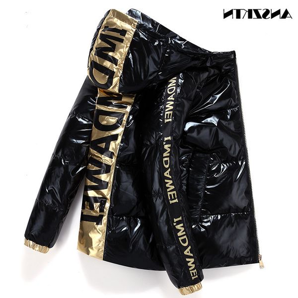 anszktn new white duck down jacket short letter silver shiny men's and women's hooded thick loose clothes, Black
