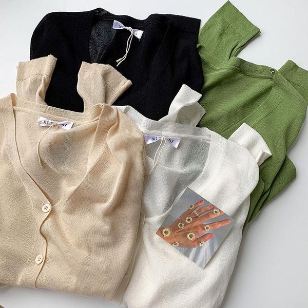 women's knits & tees cardigan knitted wear in spring and summer 2021 v-neck thin black short bottomed shirt, White
women's knits & tees cardigan knitted wear in spring and summer 2021 v-neck thin black short bottomed shirt, White