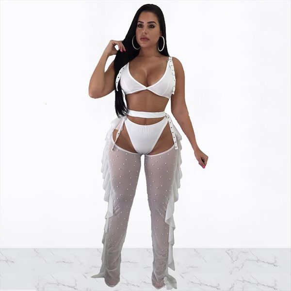 3 piece set bra womens pants thongs pearls ruffle mesh see through bandage hollow out night club outfits, White
3 piece set bra womens pants thongs pearls ruffle mesh see through bandage hollow out night club outfits, White