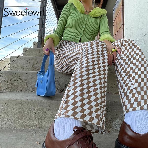 sweetown plaid high waist harajuku wide leg pants brown argyle print vintage streetwear outfits women baggy joggers y2k trousers, Black;white
sweetown plaid high waist harajuku wide leg pants brown argyle print vintage streetwear outfits women baggy joggers y2k trousers, Black;white