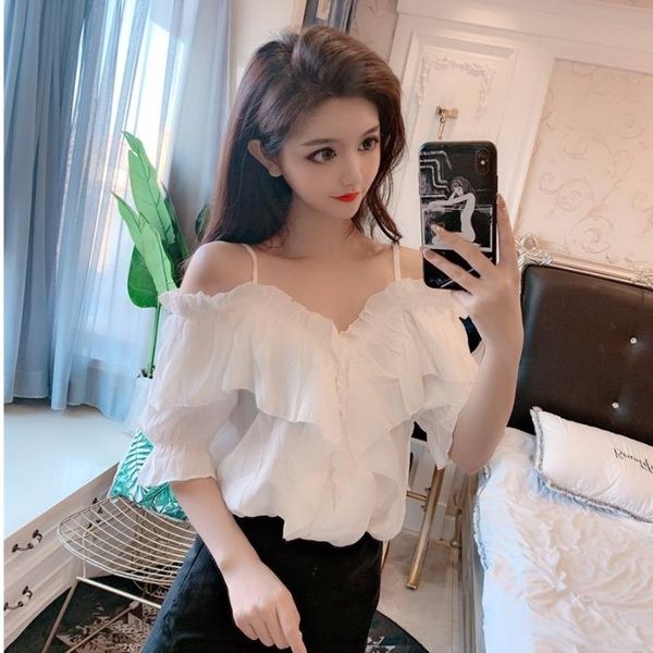 women's blouses & shirts summer style casual v-neck flare sleeve ruffles womens and strapless blusas mujer de moda 2021 spaghetti stra, White
women's blouses & shirts summer style casual v-neck flare sleeve ruffles womens and strapless blusas mujer de moda 2021 spaghetti stra, White