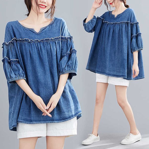 women's blouses & shirts plus size blouse women summer japanese literary casual mori girl frilly sleeve denim es dames ce, White
women's blouses & shirts plus size blouse women summer japanese literary casual mori girl frilly sleeve denim es dames ce, White
