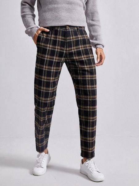 men zipper fly plaid print pants w3y8#, Black 
men zipper fly plaid print pants w3y8#, Black
