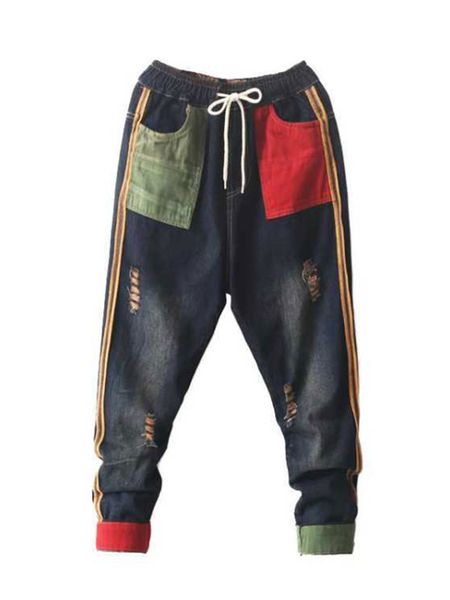 2011korea fashion women jeans elastic waist loose hole vintage denim harem pants patchwork pocket ripped jean pants d116, Blue
2011korea fashion women jeans elastic waist loose hole vintage denim harem pants patchwork pocket ripped jean pants d116, Blue