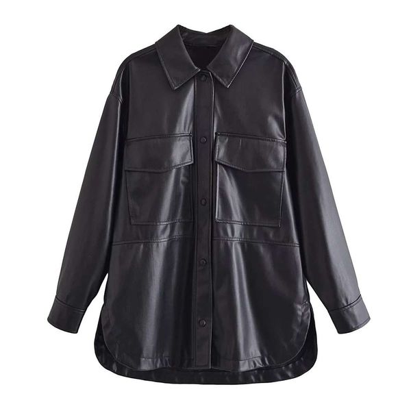 long sleeve lapel imitation leather shirt autumn loose thin single breasted black coat women, Black;brown
long sleeve lapel imitation leather shirt autumn loose thin single breasted black coat women, Black;brown