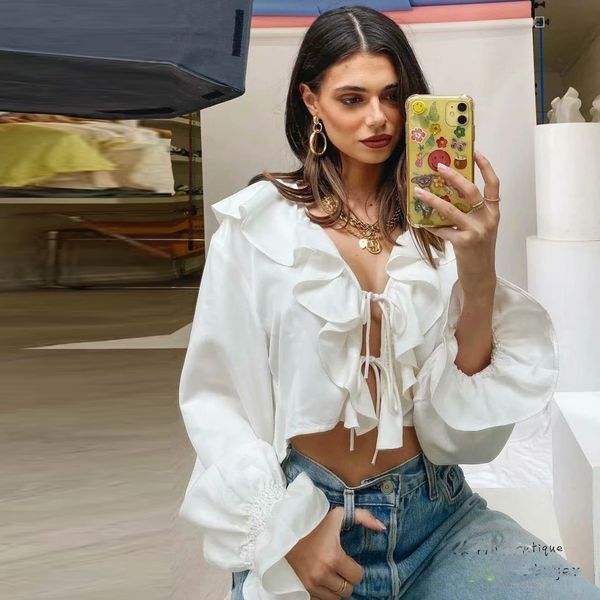 women's blouses & shirts women blouse elegant v-neck ruffles flare sleeve lace loose simple female casual solid sheath all-mat, White
women's blouses & shirts women blouse elegant v-neck ruffles flare sleeve lace loose simple female casual solid sheath all-mat, White