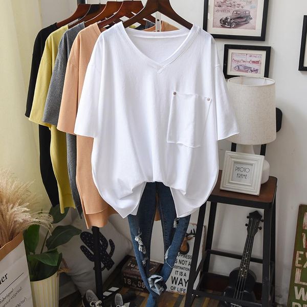 women summer v neck oversize t shirt tunic short sleeve plain loose casual tees front back long women's t-shirt, White
women summer v neck oversize t shirt tunic short sleeve plain loose casual tees front back long women's t-shirt, White