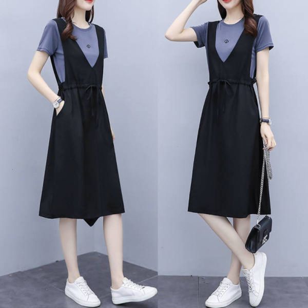 summer korean version medium length loose and thin two piece set with strap skirt casual large size dress suit for women, Black;gray
summer korean version medium length loose and thin two piece set with strap skirt casual large size dress suit for women, Black;gray