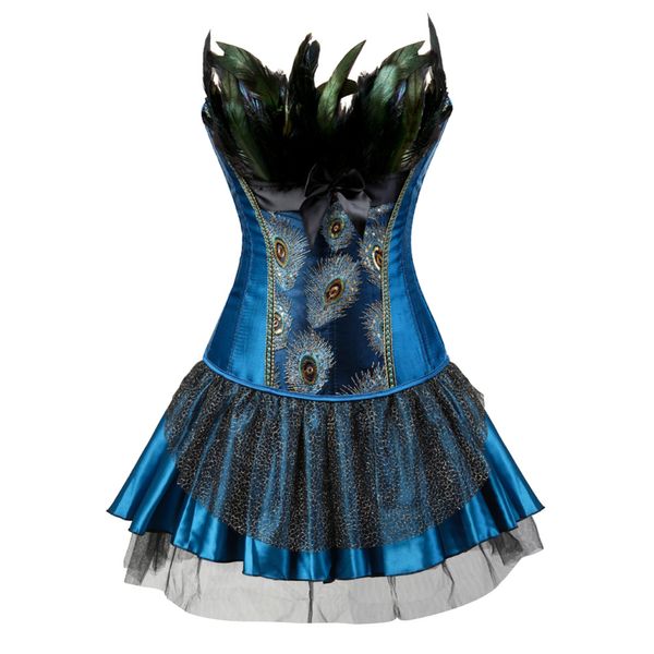 

Embroidery Peacock Princess corset showgirl dance tutu skirt Cosplay Feathers Bustier bodyshaper suit Plus Size S-6XL, 2871bluetop