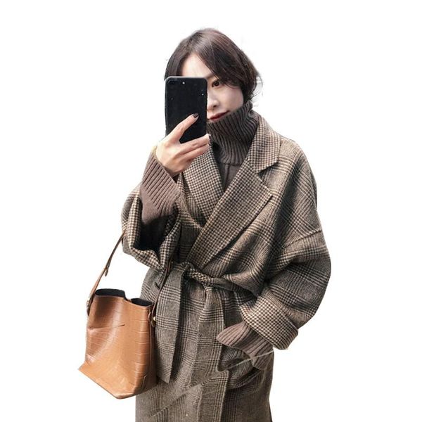 women's wool & blends women coat plaid jacket loose long breasted woolen winter overcoat, Black
women's wool & blends women coat plaid jacket loose long breasted woolen winter overcoat, Black