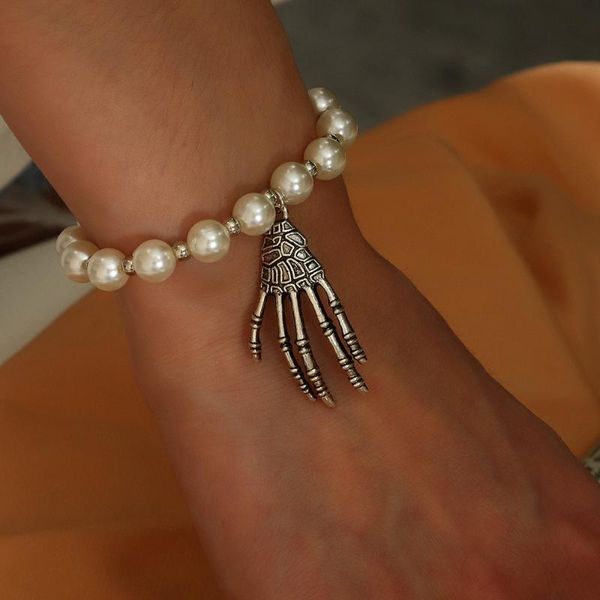 link, chain punk bracelet for women gothic hand skull skeleton alloy pendant bangles imitation pearl halloween jewelry, Black
link, chain punk bracelet for women gothic hand skull skeleton alloy pendant bangles imitation pearl halloween jewelry, Black