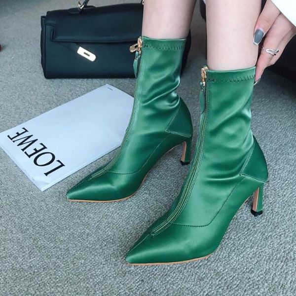 boots autumn short boots, front zipper, satin, pointed toe, high-heeled fashion personality all-match black green single
boots autumn short boots, front zipper, satin, pointed toe, high-heeled fashion personality all-match black green single