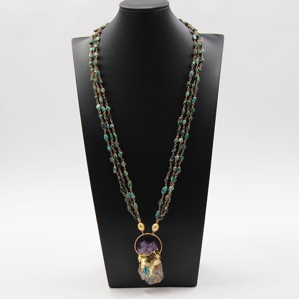 guaiguai jewelry 3 rows blue turquoise rice pearl chain necklace amethyst citrine rough nugget turquoise pendant handmade for women, Silver
guaiguai jewelry 3 rows blue turquoise rice pearl chain necklace amethyst citrine rough nugget turquoise pendant handmade for women, Silver