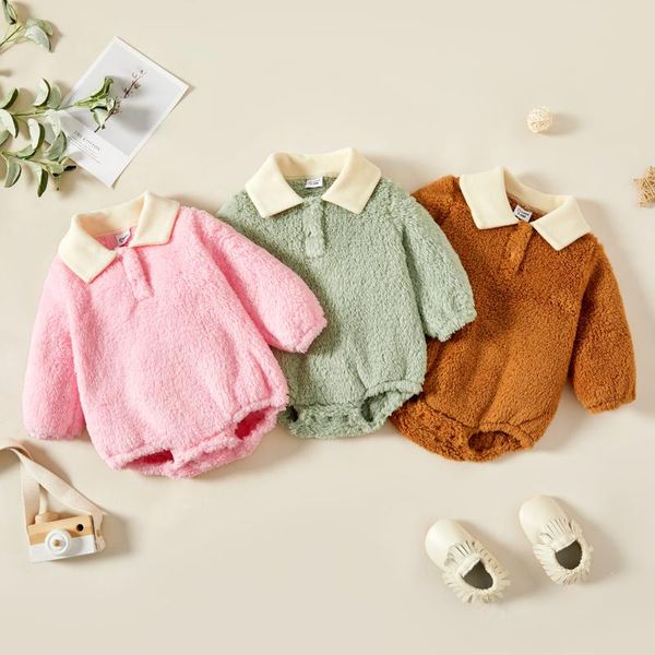 jumpsuits patpat baby girl solid coral fleece lapel collar long-sleeve romper outfits, Blue