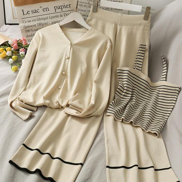 women's two piece pants autumn three set with stripe short suspender v-neck single breasted long sleeve knitted coat high waist wide le, White
women's two piece pants autumn three set with stripe short suspender v-neck single breasted long sleeve knitted coat high waist wide le, White