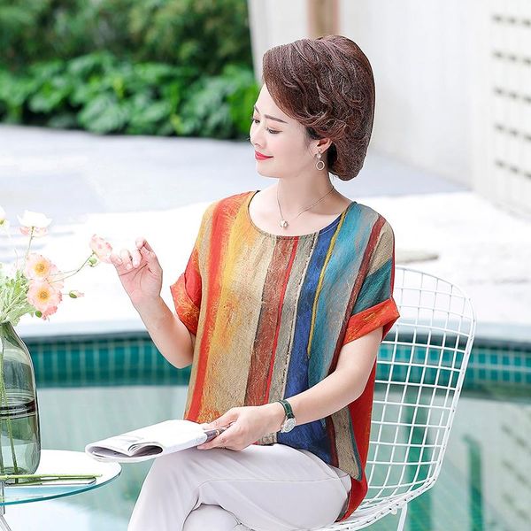 women's blouses & shirts xl-5xl loose shirt colorful stripe middle age women thin o neck casual blouse plus size summer clothing, White
women's blouses & shirts xl-5xl loose shirt colorful stripe middle age women thin o neck casual blouse plus size summer clothing, White
