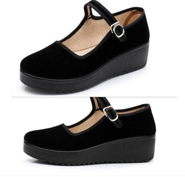 women's shoes in spring and autumn slope heel round head thick bottom cloth @2043, Black