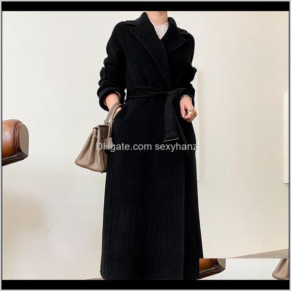 wool blends outerwear & coats clothing apparel drop delivery double faced cashmere coat womens 2021 big lapel tie over the knee mid length a, Black 
wool blends outerwear & coats clothing apparel drop delivery double faced cashmere coat womens 2021 big lapel tie over the knee mid length a, Black
