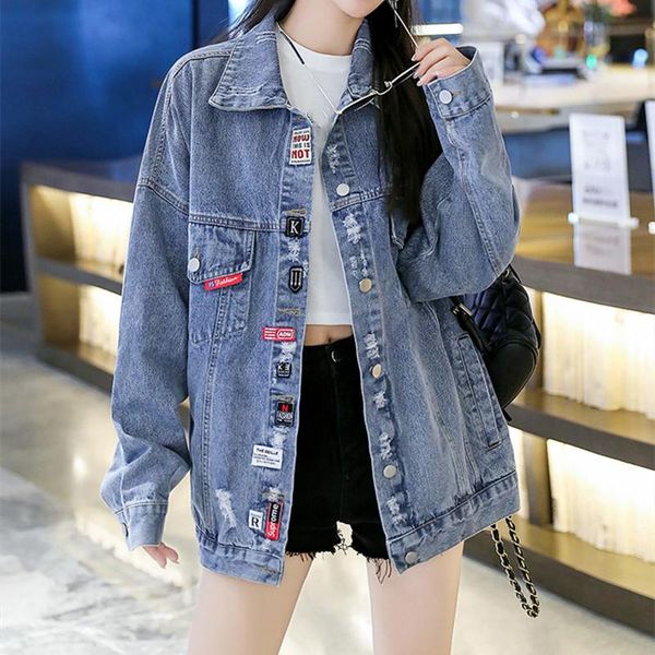 women's jackets spring and autumn casual loose turn-down collar single breasted print patchwork denim jacket wild ripped top, Black;brown
women's jackets spring and autumn casual loose turn-down collar single breasted print patchwork denim jacket wild ripped top, Black;brown