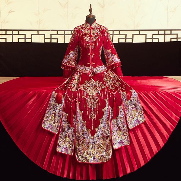 plus size 3xl style handmade beading embroidery ancient bride wedding dress retro chinese cheongsam long section ethnic clothing, Red
plus size 3xl style handmade beading embroidery ancient bride wedding dress retro chinese cheongsam long section ethnic clothing, Red
