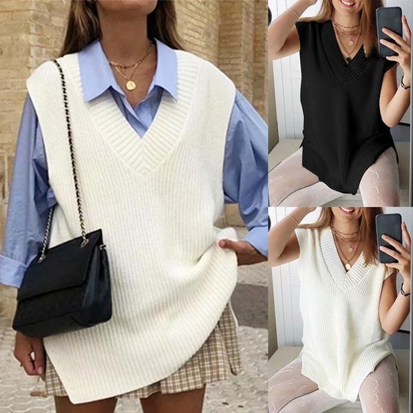women's vests v neck sleeveless vest sweater women knitted split oversized fall winter casual loose pullover outwear, Black;white
women's vests v neck sleeveless vest sweater women knitted split oversized fall winter casual loose pullover outwear, Black;white