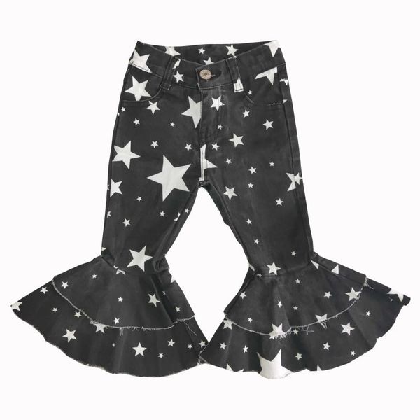 wholesale boutique baby girls double large ruffle flared pants design denim fabric bleached jeans styles kids children, Blue