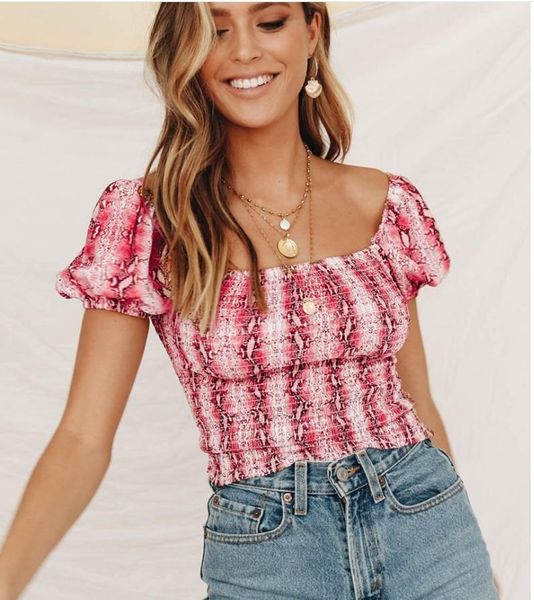 women smocked crop adults summer off-the-shoulder snakeskin print puff sleeve square collar pullover women's t-shirt, White
women smocked crop adults summer off-the-shoulder snakeskin print puff sleeve square collar pullover women's t-shirt, White