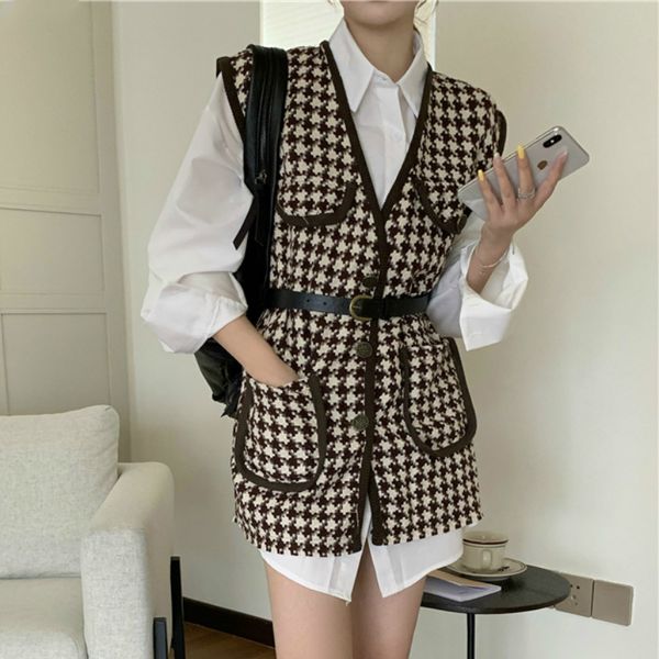 spring women 2 piece set single breasted white blouse minimalist loose shirt+panelled plaid vest with belt16w124 210510
spring women 2 piece set single breasted white blouse minimalist loose shirt+panelled plaid vest with belt16w124 210510