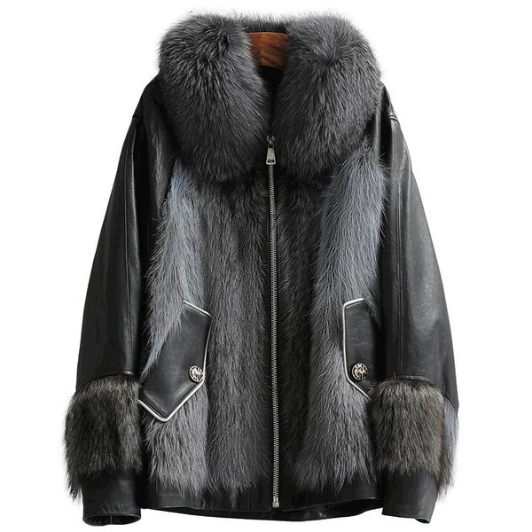 women's leather & faux lady genuine sheepskin suede coat raccoon fur collar autumn winter women jacket suit outerwear lf21101kqn, Black
women's leather & faux lady genuine sheepskin suede coat raccoon fur collar autumn winter women jacket suit outerwear lf21101kqn, Black