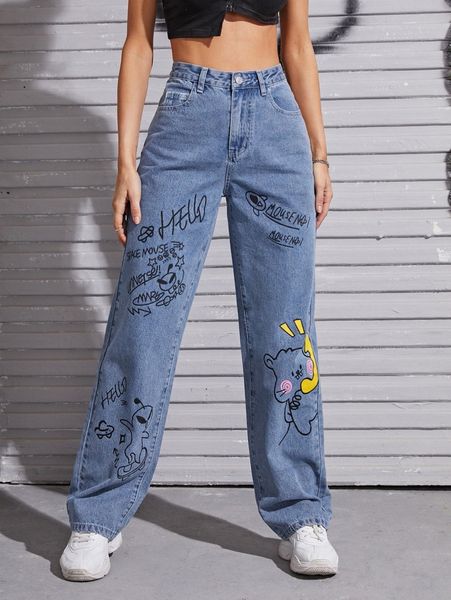 high waist cartoon graphic straight leg jeans 43dg#, Blue