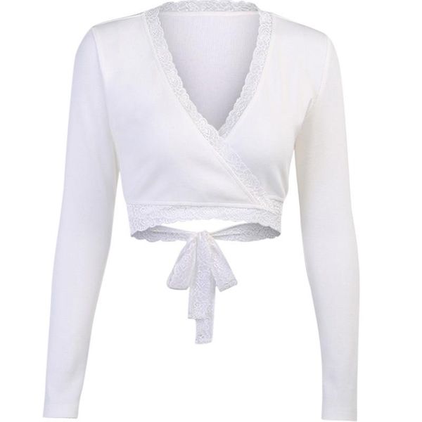 women's t-shirt women spring crop long sleeve v-neck lace bandage cardigan lady slim solid color cloubwear, White
women's t-shirt women spring crop long sleeve v-neck lace bandage cardigan lady slim solid color cloubwear, White