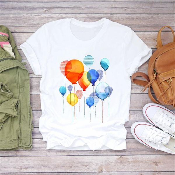 watercolor balloon travel holiday womens fashion print graphic female tee, White 
watercolor balloon travel holiday womens fashion print graphic female tee, White
