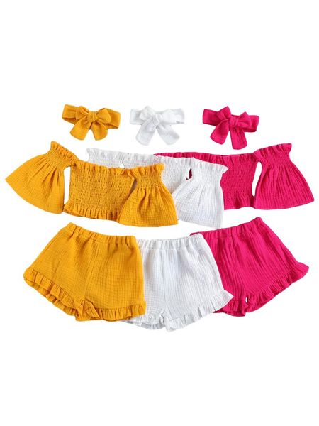fashion toddler girls summer clothes sets solid off shoulder flare sleeve pullover strap t-shirts shorts with headband 3pcs clothing, White
fashion toddler girls summer clothes sets solid off shoulder flare sleeve pullover strap t-shirts shorts with headband 3pcs clothing, White