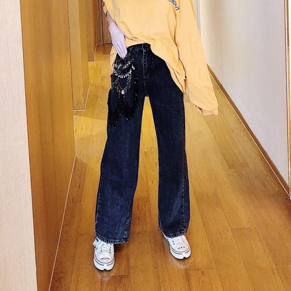 women's jeans high street women loose fit sequin denim wide leg pants female casual beading tassels waist straight long trousers, Blue
women's jeans high street women loose fit sequin denim wide leg pants female casual beading tassels waist straight long trousers, Blue