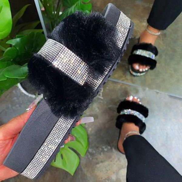 slippers 2021 luxury designer women fur rhinestone casual platform wedges heel slip on furry slides outdoor shoes, Black 
slippers 2021 luxury designer women fur rhinestone casual platform wedges heel slip on furry slides outdoor shoes, Black