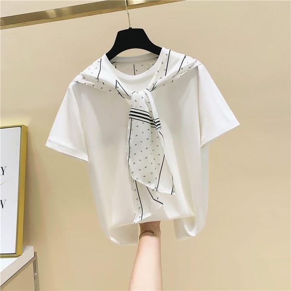 women's t-shirt silk scarf stitching tied loose cotton short sleeve female 2021 summer half harajuku, White
women's t-shirt silk scarf stitching tied loose cotton short sleeve female 2021 summer half harajuku, White
