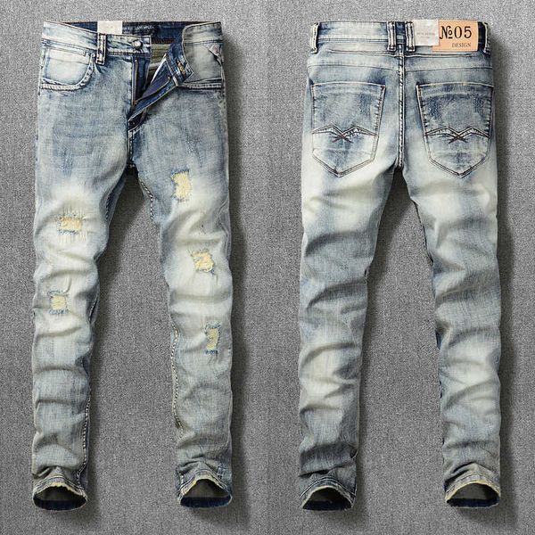 men's jeans italian style fashion retro blue elastic slim fit ripped vintage designer casual denim pants n820
men's jeans italian style fashion retro blue elastic slim fit ripped vintage designer casual denim pants n820