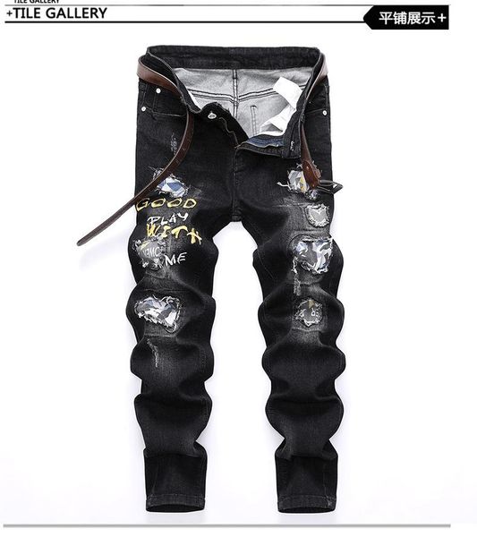 men's jeans ripped patch beggar pants stretch small straight leg black korean, Blue
men's jeans ripped patch beggar pants stretch small straight leg black korean, Blue