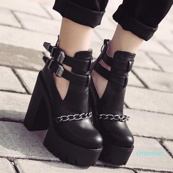 spring and autumn metal chain hollow boots women's belt buckle thick heel high heels punk 226-3, Black
spring and autumn metal chain hollow boots women's belt buckle thick heel high heels punk 226-3, Black