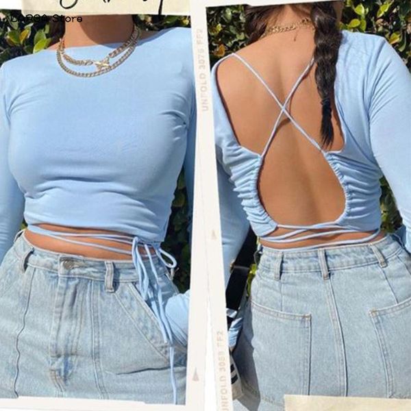 women's t-shirt summer open back lace up navel solid color slim fit short shirt sleeves highlight the body, White 
women's t-shirt summer open back lace up navel solid color slim fit short shirt sleeves highlight the body, White