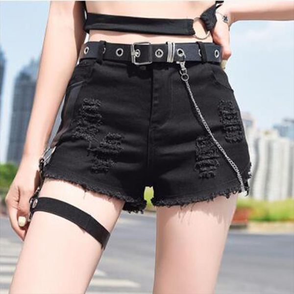 high waist denim summer gothic womens short jeans plus size femme belted punk girls with chain, White;black
high waist denim summer gothic womens short jeans plus size femme belted punk girls with chain, White;black