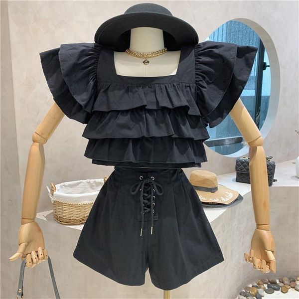 women's tracksuits niche design clothing square collar ruffle short shirt + high waist wide leg shorts pants 2 piece set, Gray
women's tracksuits niche design clothing square collar ruffle short shirt + high waist wide leg shorts pants 2 piece set, Gray