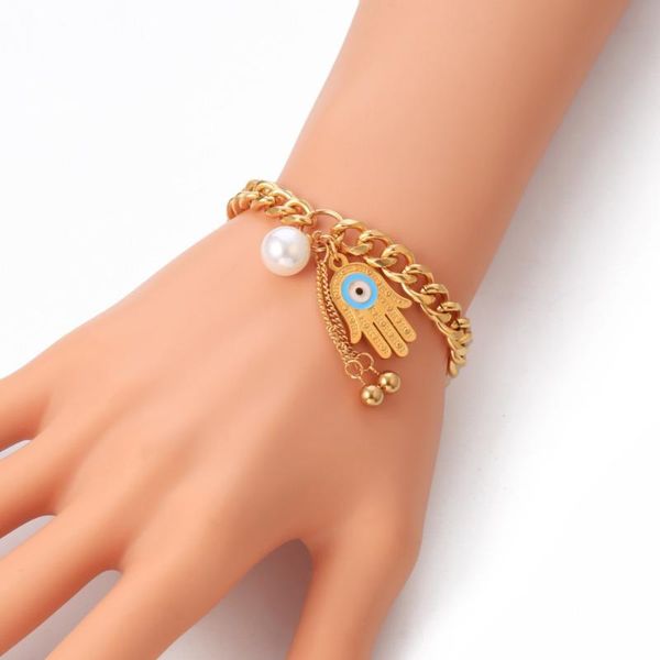 charm bracelets stainless steel gold chain bracelet for women simulation pearl hamsa hand evil eye fashion jewelry gift, Golden;silver
charm bracelets stainless steel gold chain bracelet for women simulation pearl hamsa hand evil eye fashion jewelry gift, Golden;silver