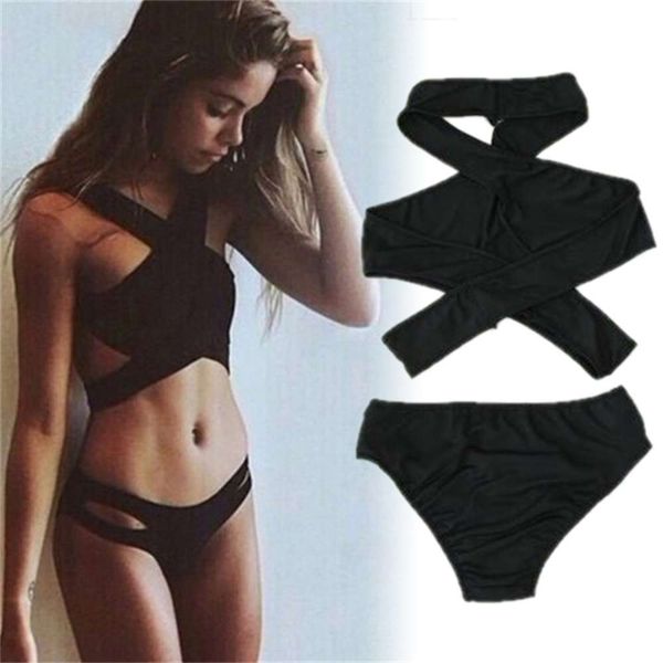 women cross halter swimwear swimsuit monokini black bra bikini set, White;black 
women cross halter swimwear swimsuit monokini black bra bikini set, White;black