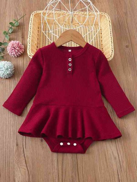 baby rib knit quarter button combo bodysuit dress she, Red;yellow