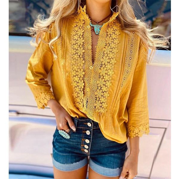 women's blouses & shirts fashion women yellow lace patchwork hollow out single breasted long sleeve blouse, White
women's blouses & shirts fashion women yellow lace patchwork hollow out single breasted long sleeve blouse, White
