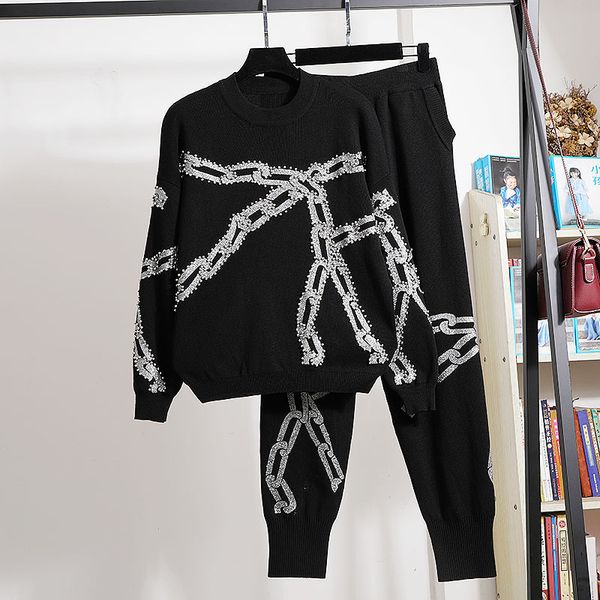 pant black tracksuit women knitted set handwork beading chain print sweater pencil pants two piece outfits female loose knitting suit, White
pant black tracksuit women knitted set handwork beading chain print sweater pencil pants two piece outfits female loose knitting suit, White