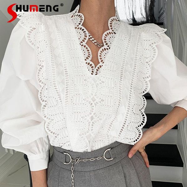 women's blouses & shirts french lace stitching v-neck white female 2021 fall elegant loose solid lantern sleeve pullover for women
women's blouses & shirts french lace stitching v-neck white female 2021 fall elegant loose solid lantern sleeve pullover for women