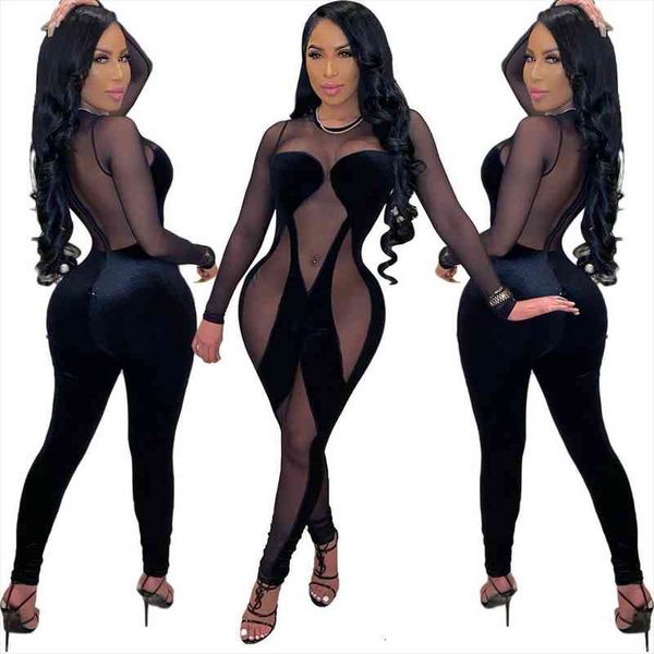 black mesh sheer velvet patchwork bodycon jumpsuit woman long sleeve see through night club one piece overalls, Black;white
black mesh sheer velvet patchwork bodycon jumpsuit woman long sleeve see through night club one piece overalls, Black;white
